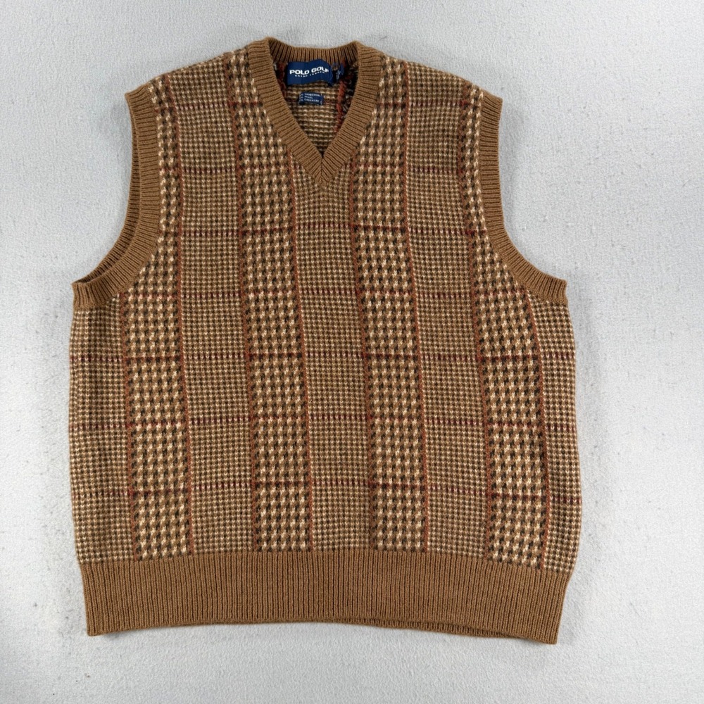 Polo Golf Ralph Lauren Mens Brown Plaid Lambswool Cashmere Sweater Vest Large